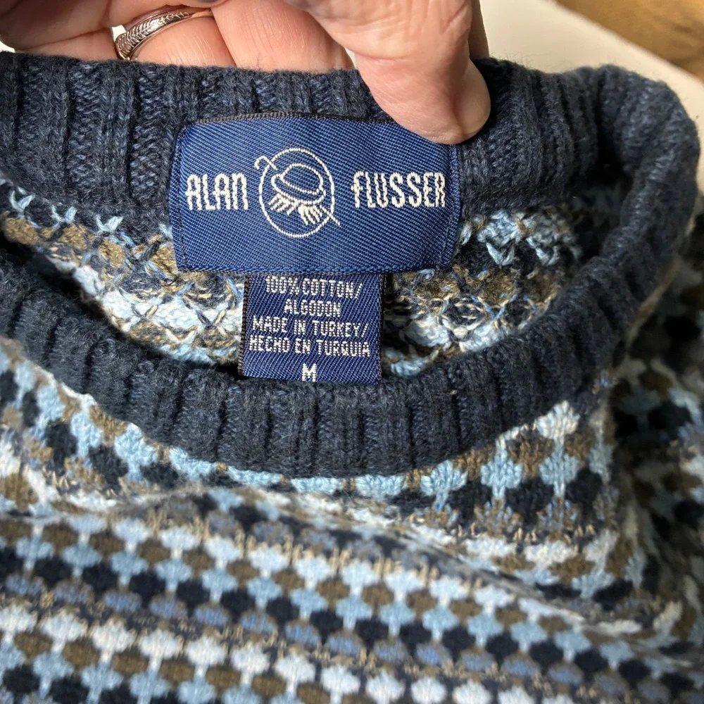 Geometric Knit Cotton Crewneck Sweater Alan Flusser Blue Brown Mens M